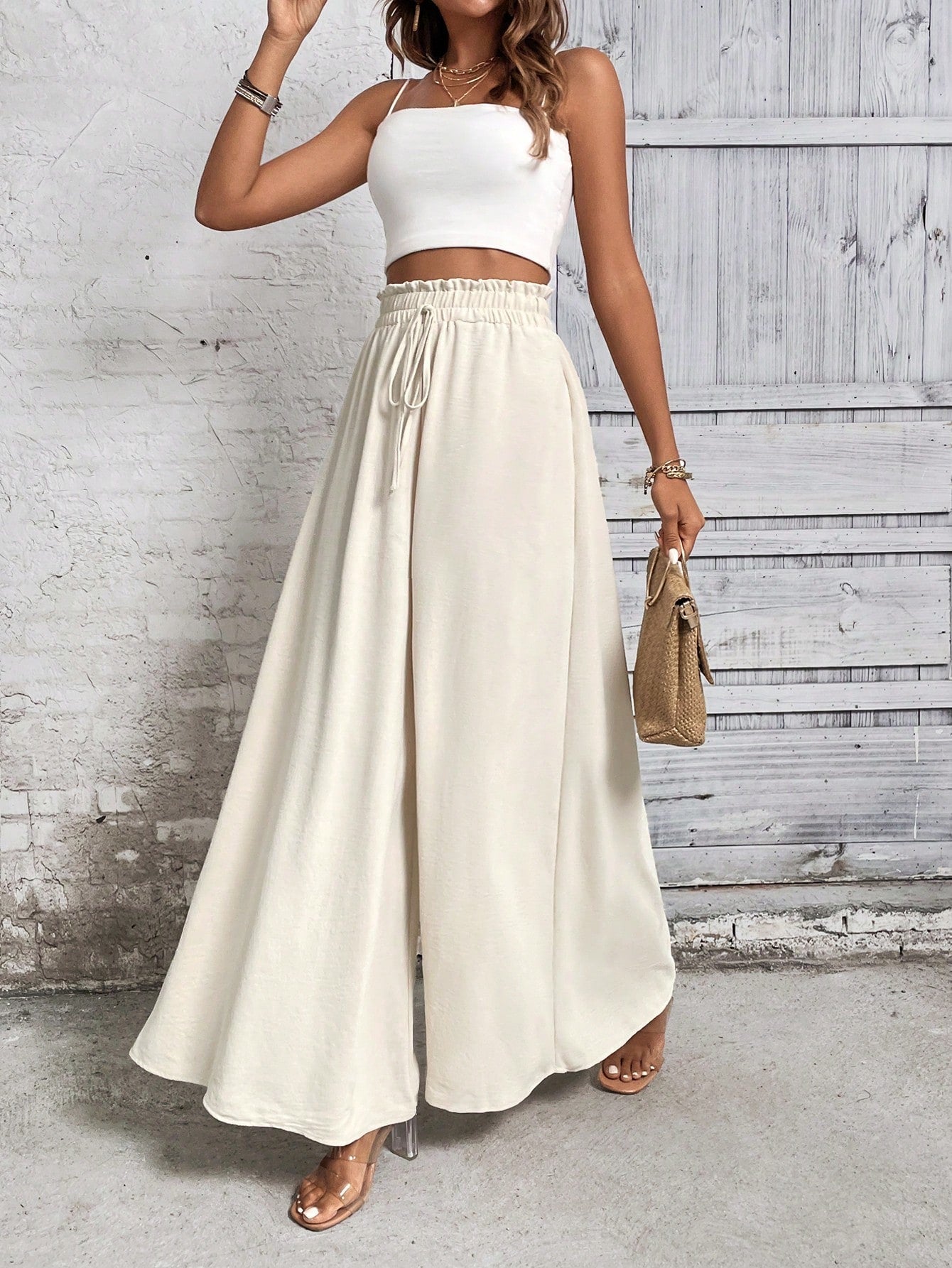 Buy SHEIN LUNE Paperbag Waist Knot Front Wide Leg Pants in Pakistan