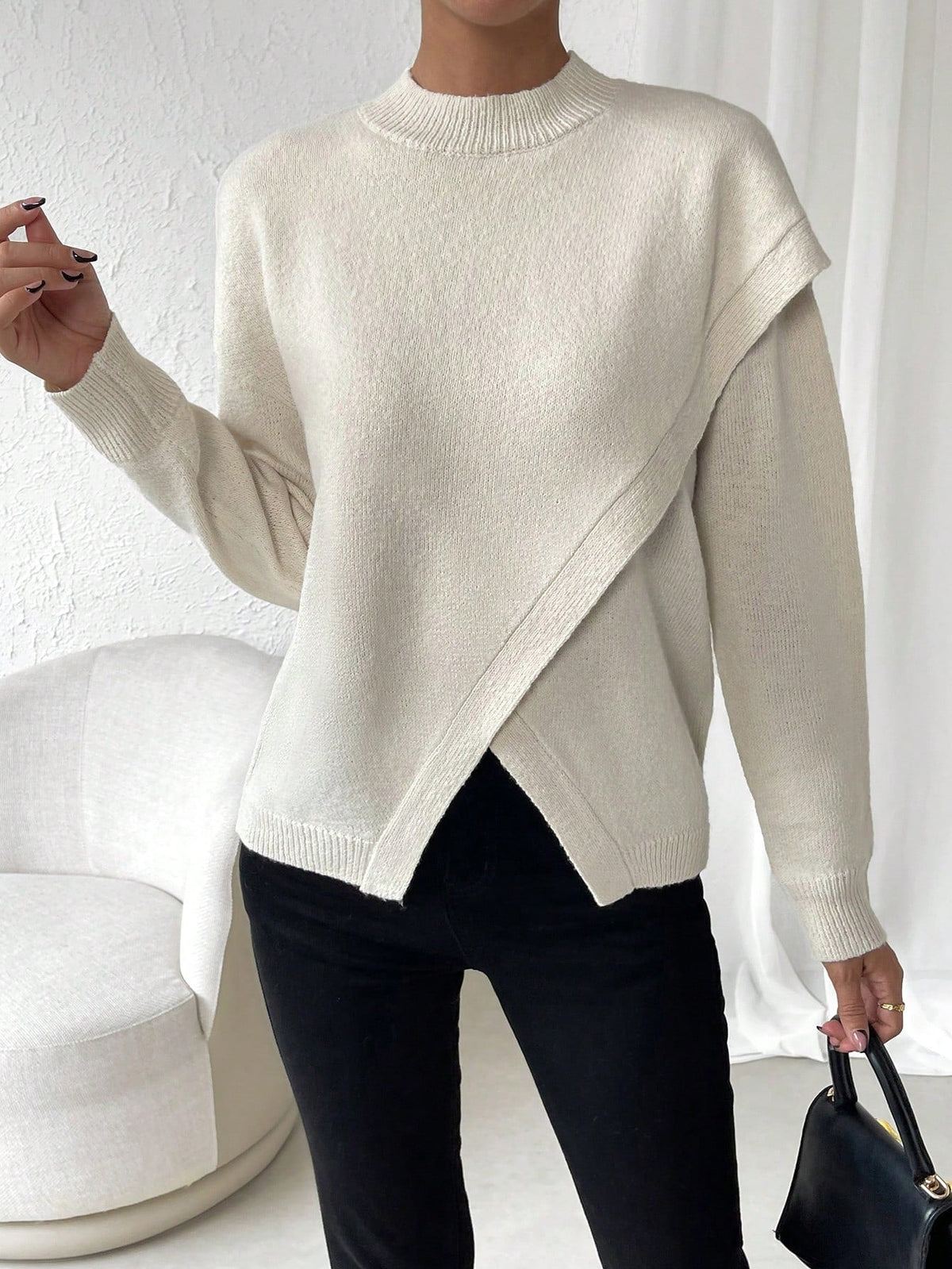 Buy SHEIN LUNE Solid Drop Shoulder Wrap Detail Sweater in Pakistan