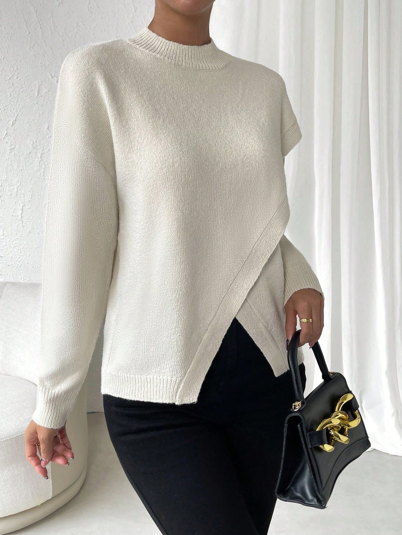 Buy SHEIN LUNE Solid Drop Shoulder Wrap Detail Sweater in Pakistan