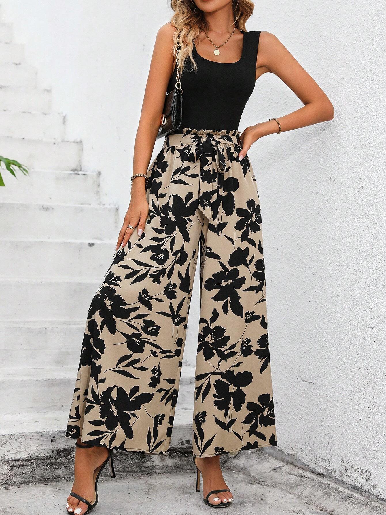 Buy SHEIN LUNE Solid Tank Top & Floral Print Wide Leg Pants in Pakistan