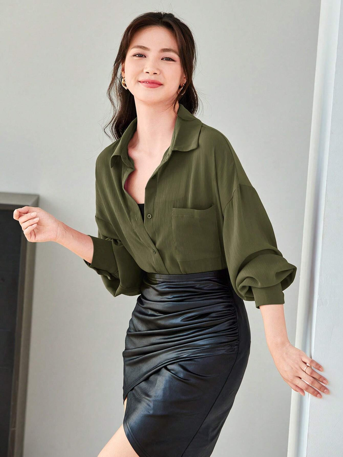 Buy SHEIN LUNE Women Spring/Summer Casual Solid Color Loose Fit Drop-Shoulder Shirt in Pakistan