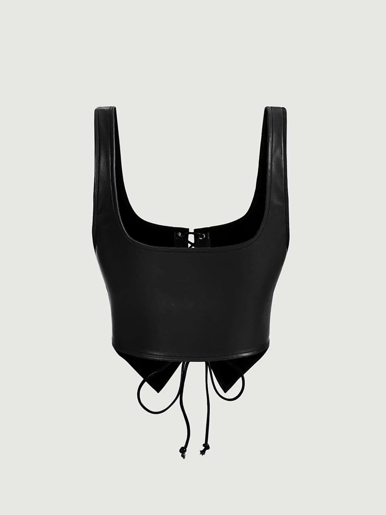 Buy SHEIN MOD Black Crossed Frenulum Lace Up Front PU Leather Tank Top in Pakistan