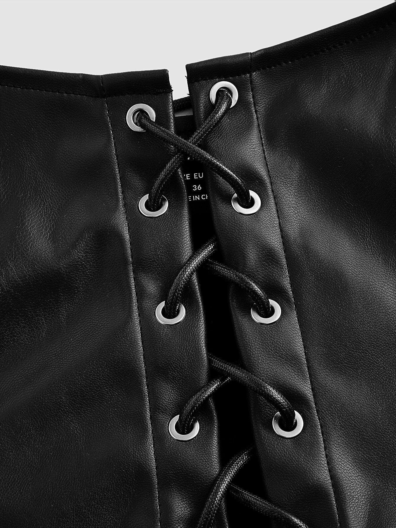 Buy SHEIN MOD Black Crossed Frenulum Lace Up Front PU Leather Tank Top in Pakistan