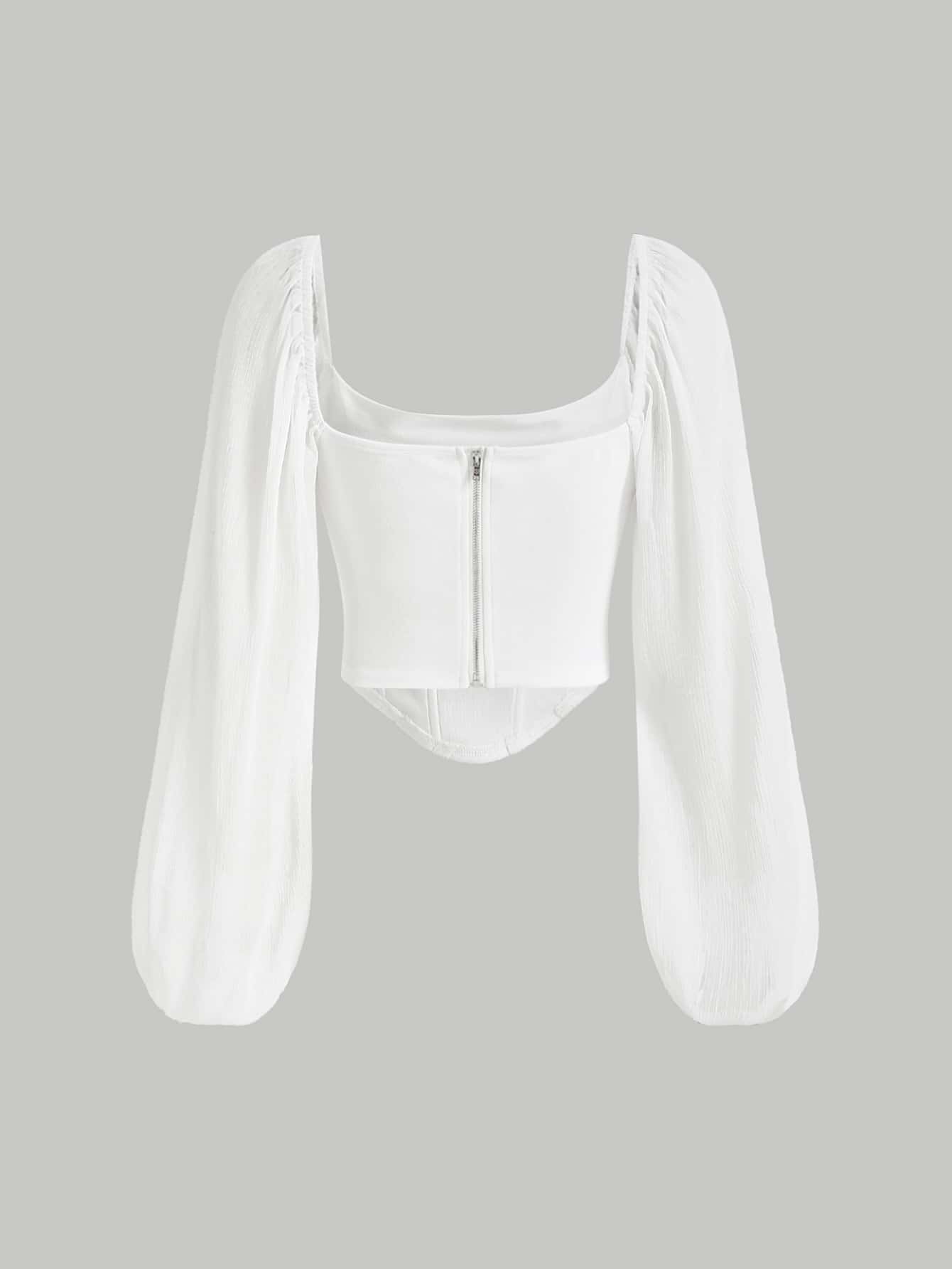 Buy SHEIN MOD Lantern Sleeve Ruched Scoop Neck Asymmetrical Hem Crop Top in Pakistan