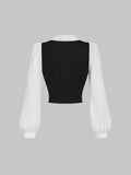 Buy SHEIN MOD Turndown Collar Long Sleeve Contrast Color Chest Ruched Black & White Contrast Color Shirt in Pakistan