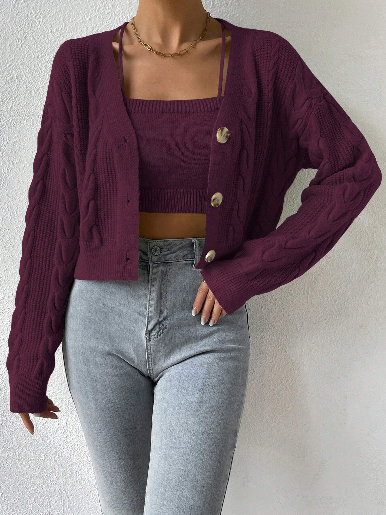 Buy SHEIN MOOSTA Cable Knit Drop Shoulder Cardigan & Cami Knit Top in Pakistan