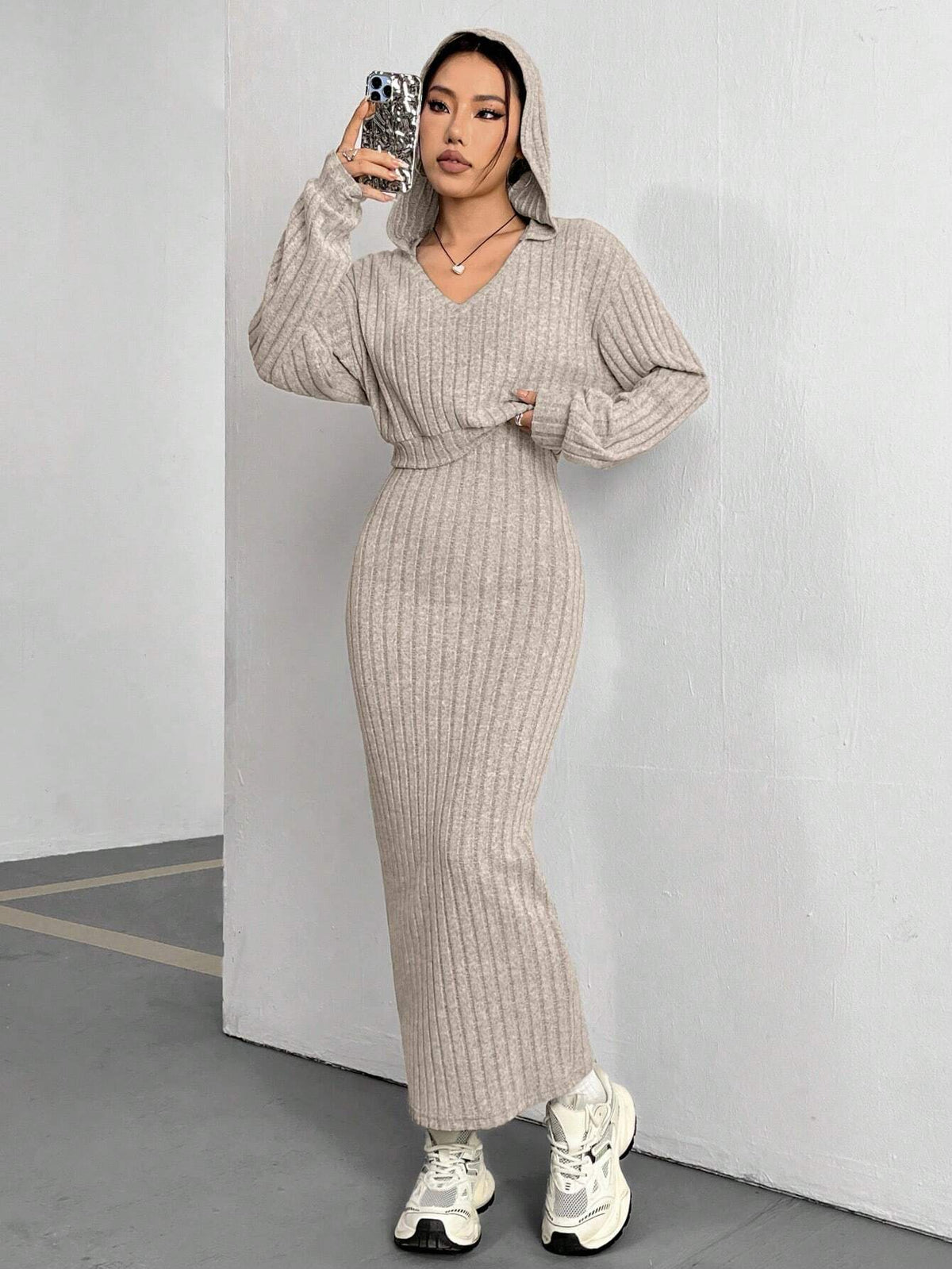 Buy SHEIN MOOSTA Ladies' Ribbed Long Sleeve T-Shirt And Skirt Set in Pakistan