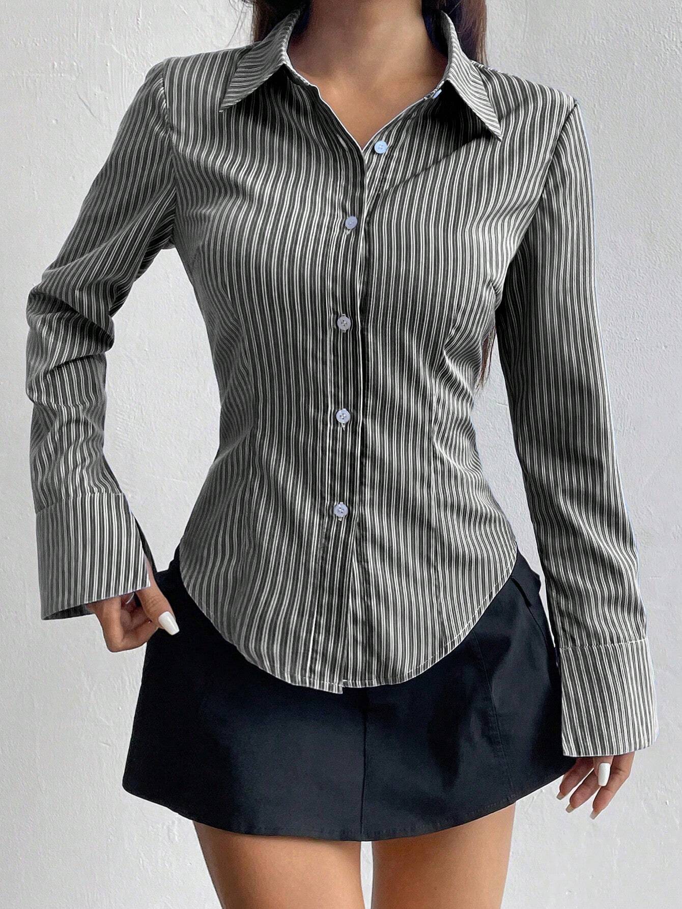 Buy SHEIN MOOSTA Ladies' Solid Color Slim Fit Striped Long Sleeve Shirt,Long Sleeve Tops in Pakistan