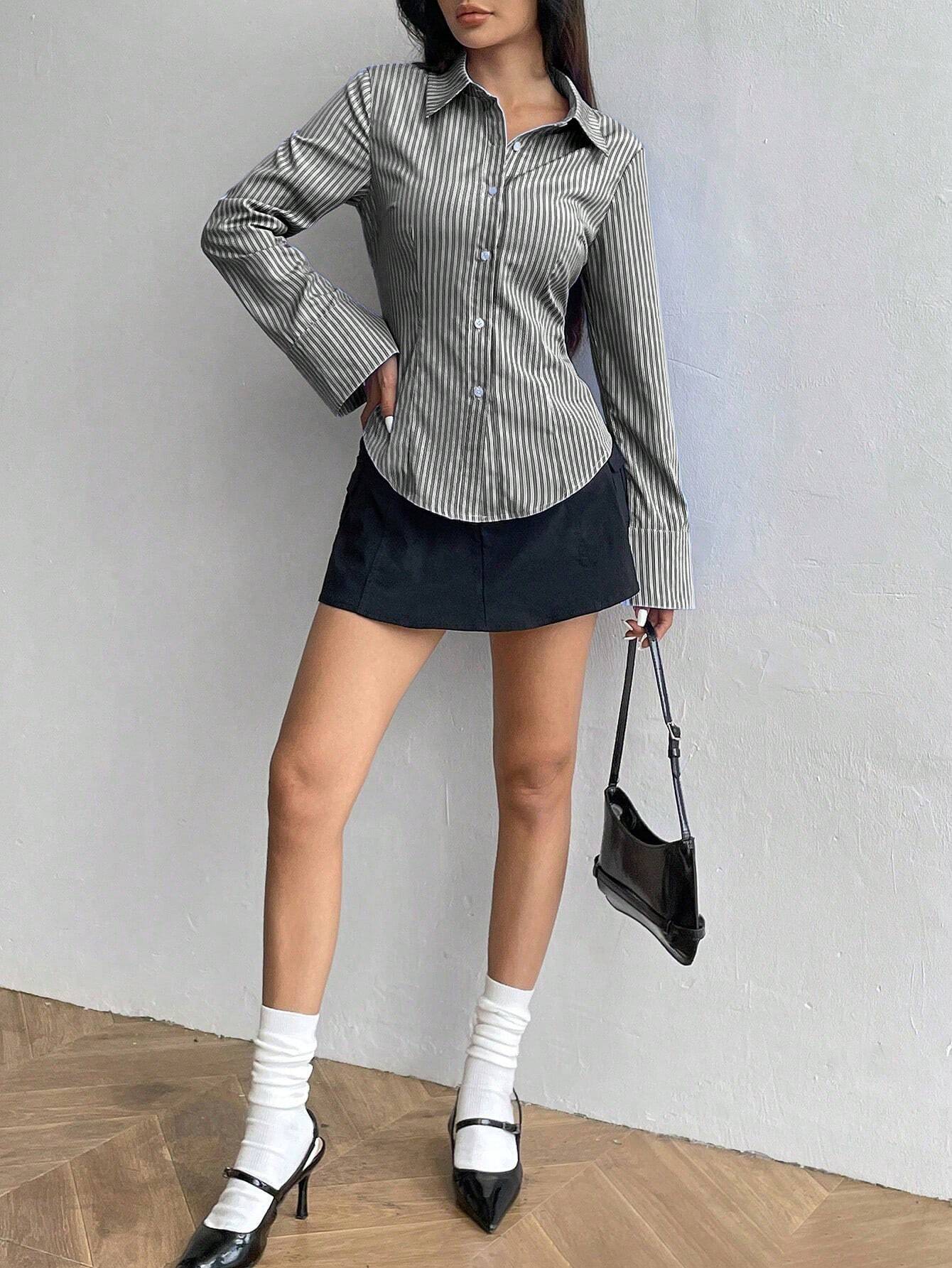 Buy SHEIN MOOSTA Ladies' Solid Color Slim Fit Striped Long Sleeve Shirt,Long Sleeve Tops in Pakistan