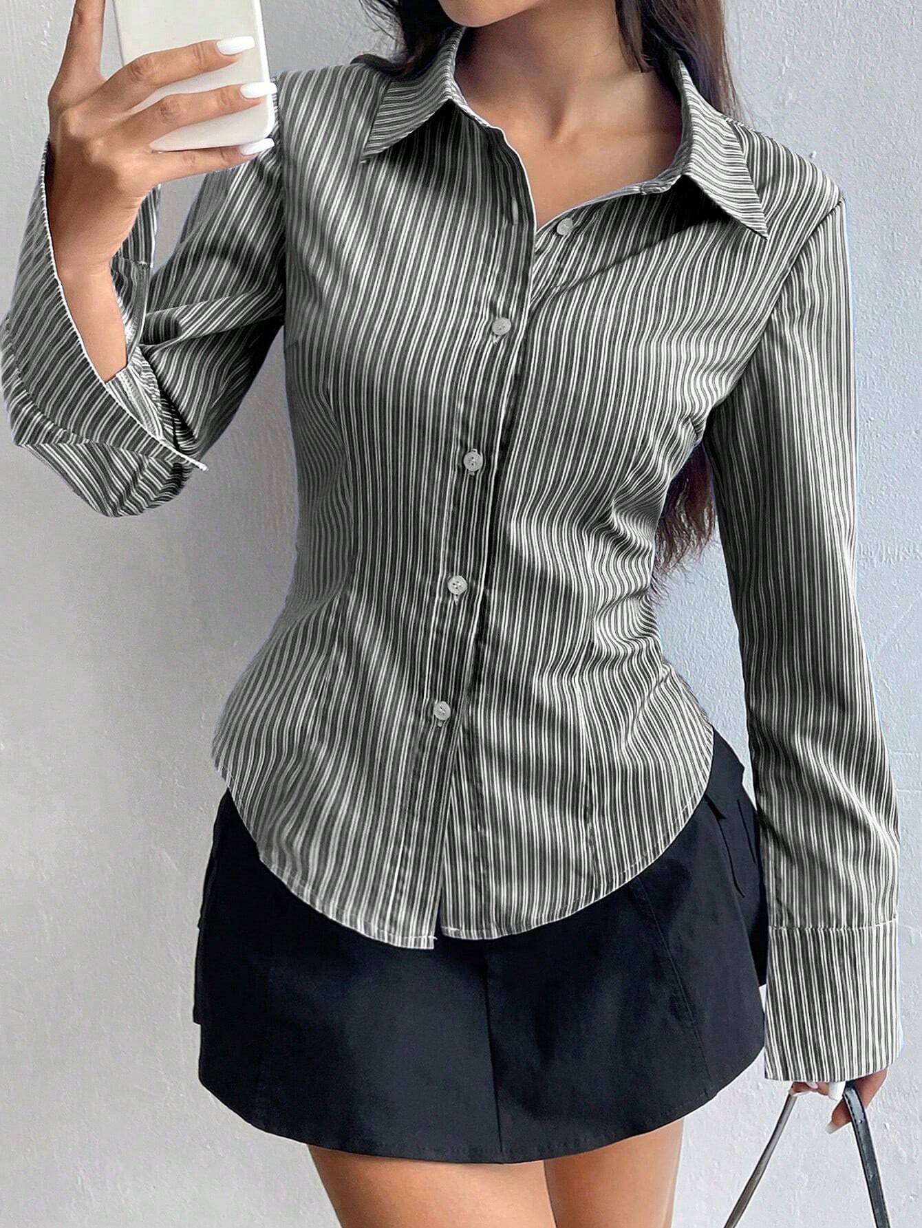 Buy SHEIN MOOSTA Ladies' Solid Color Slim Fit Striped Long Sleeve Shirt,Long Sleeve Tops in Pakistan