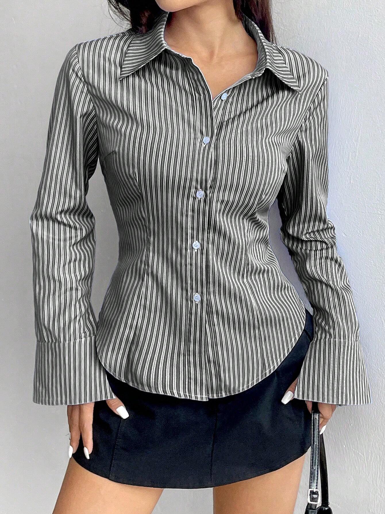 Buy SHEIN MOOSTA Ladies' Solid Color Slim Fit Striped Long Sleeve Shirt,Long Sleeve Tops in Pakistan