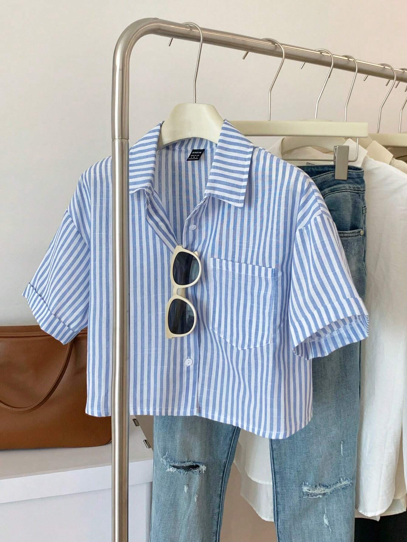 Buy SHEIN MOOSTA Striped Cropped Relaxed Casual Women Oversized Cuffed Sleeve Blouse, Linen Texture in Pakistan