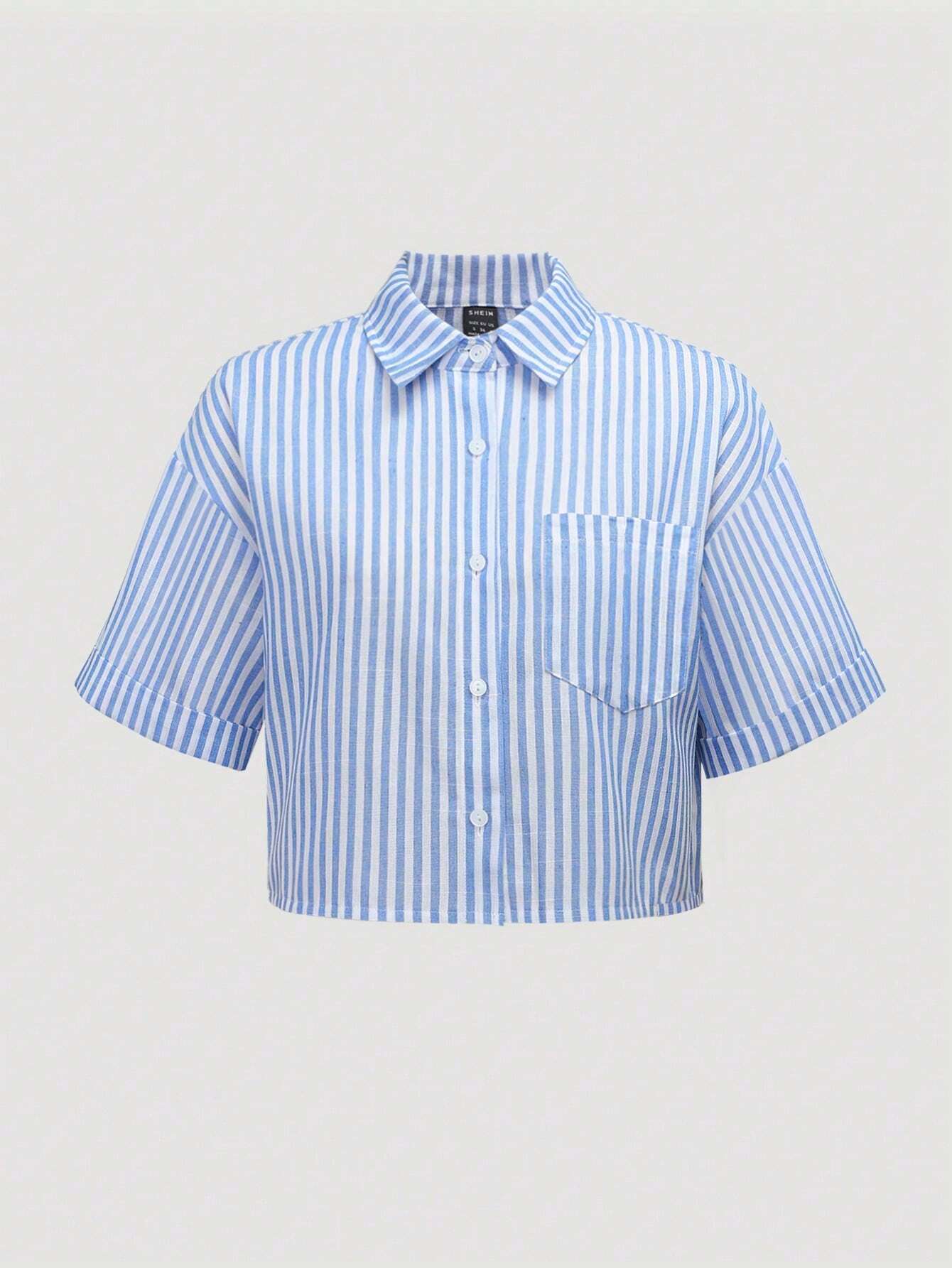 Buy SHEIN MOOSTA Striped Cropped Relaxed Casual Women Oversized Cuffed Sleeve Blouse, Linen Texture in Pakistan