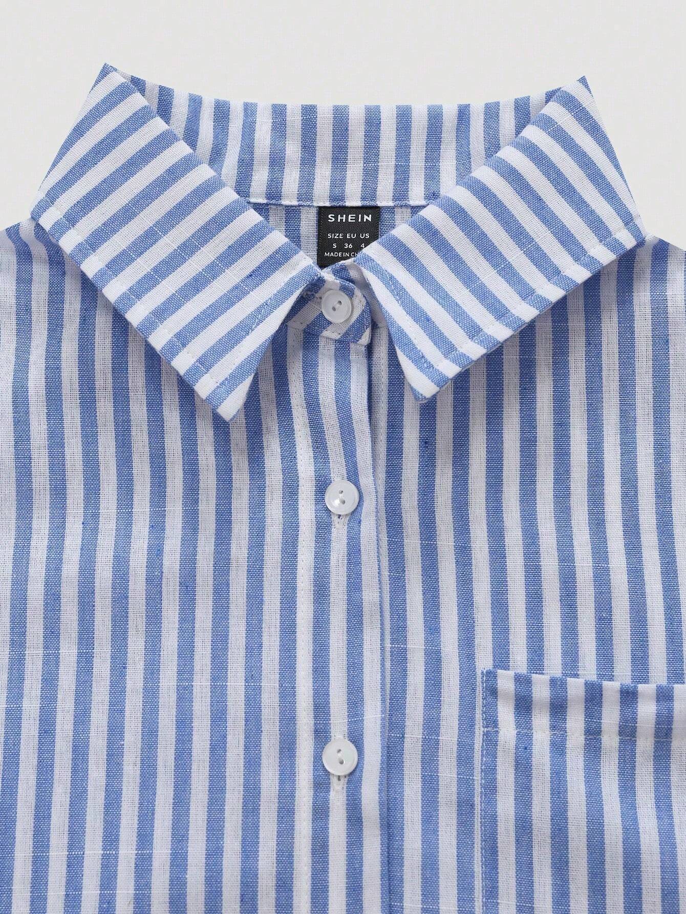 Buy SHEIN MOOSTA Striped Cropped Relaxed Casual Women Oversized Cuffed Sleeve Blouse, Linen Texture in Pakistan