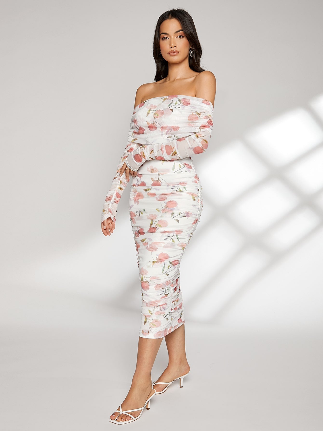 Buy SHEIN Modely Allover Floral Print Off Shoulder Ruched Dress in Pakistan