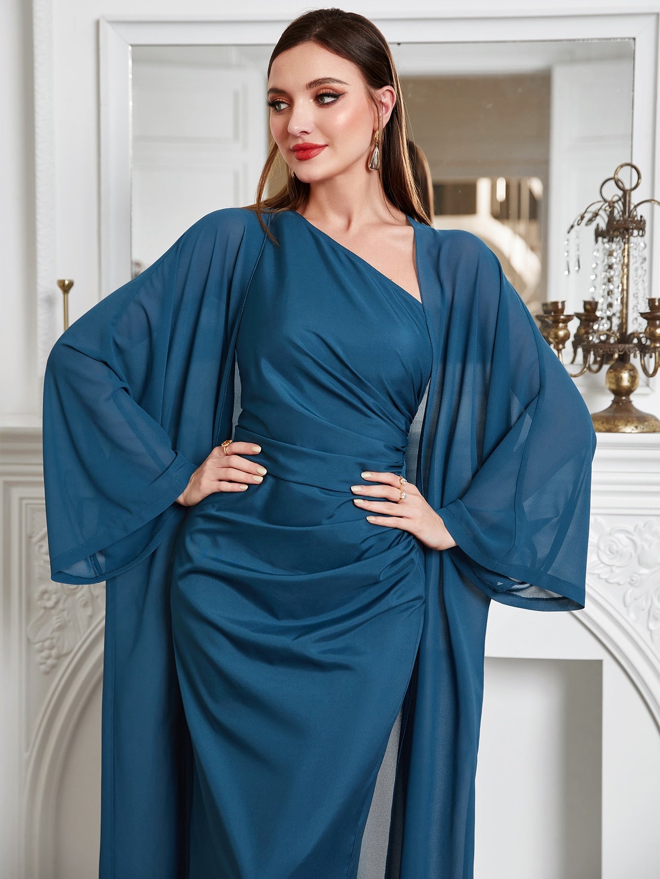 Buy SHEIN Modely Batwing Sleeve Coat & One Shoulder Ruched Dress in Pakistan