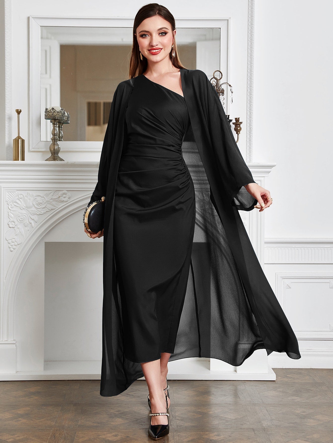 Buy SHEIN Modely Batwing Sleeve Coat & One Shoulder Ruched Dress in Pakistan