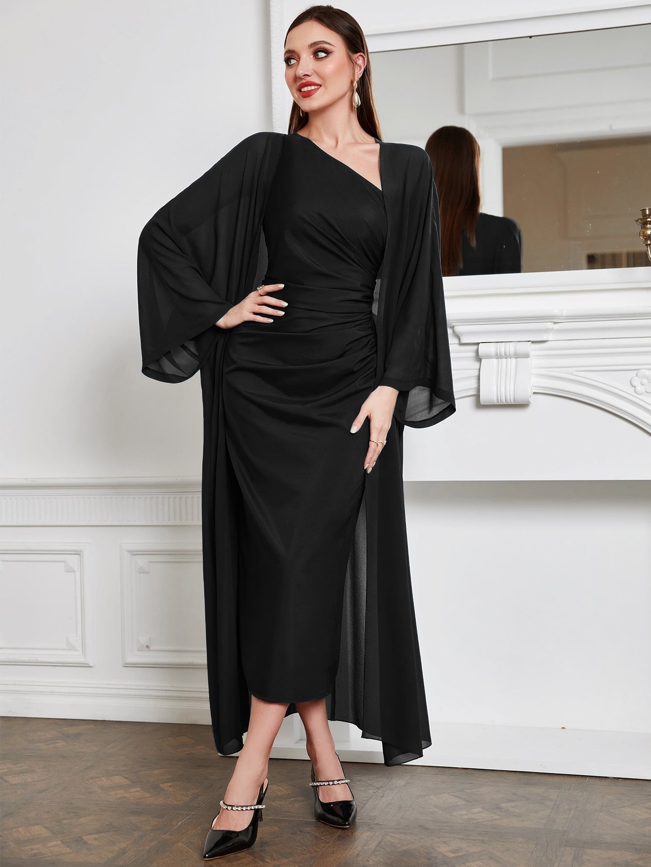 Buy SHEIN Modely Batwing Sleeve Coat & One Shoulder Ruched Dress in Pakistan