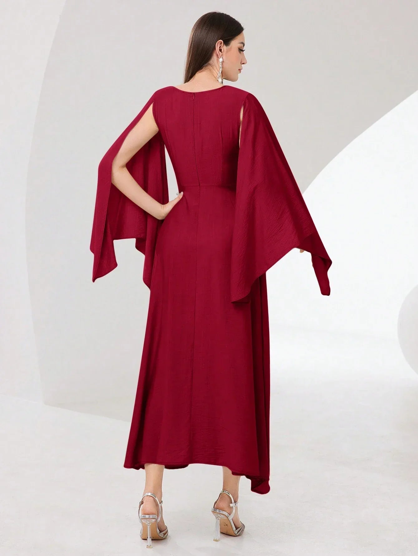 Buy SHEIN Modely Burgundy Red Cloak Sleeve Knot Side Wrap Hem Dress in Pakistan