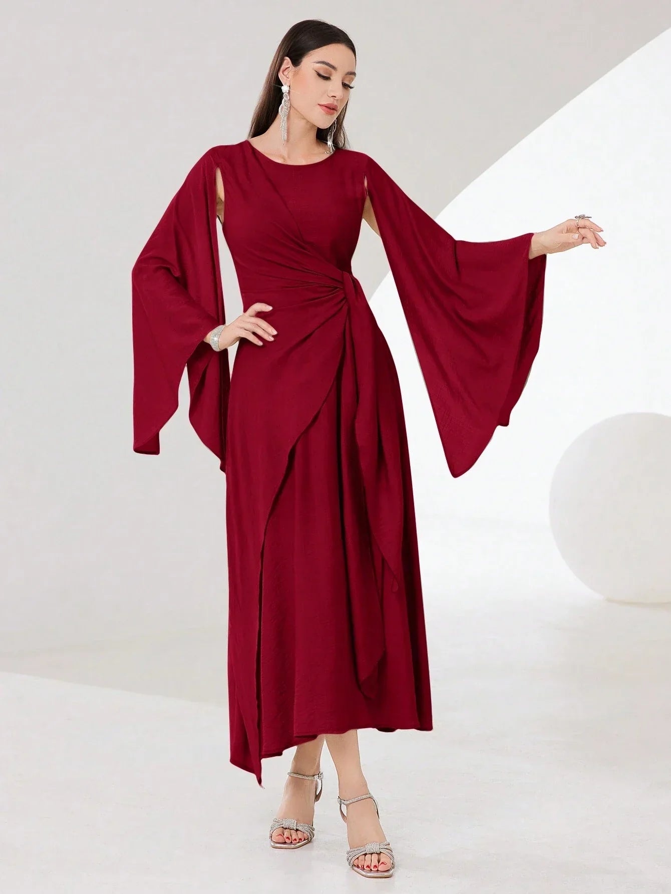 Buy SHEIN Modely Burgundy Red Cloak Sleeve Knot Side Wrap Hem Dress in Pakistan