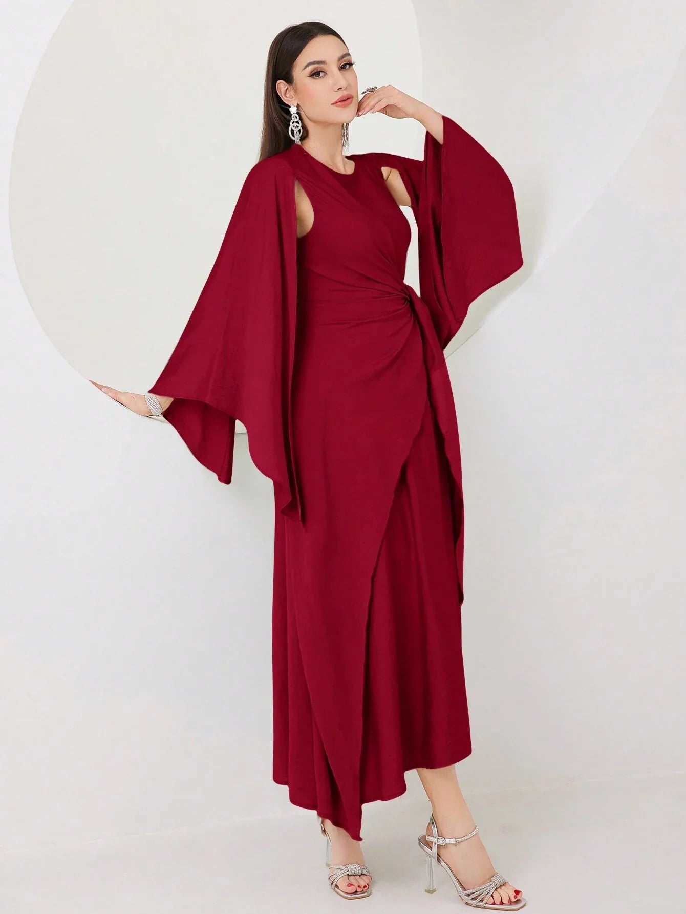 Buy SHEIN Modely Burgundy Red Cloak Sleeve Knot Side Wrap Hem Dress in Pakistan