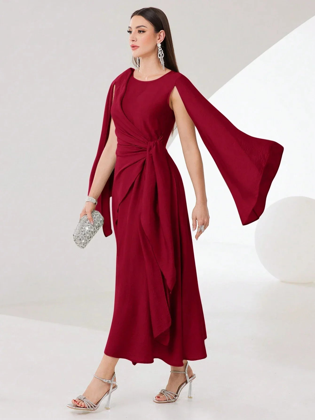 Buy SHEIN Modely Burgundy Red Cloak Sleeve Knot Side Wrap Hem Dress in Pakistan