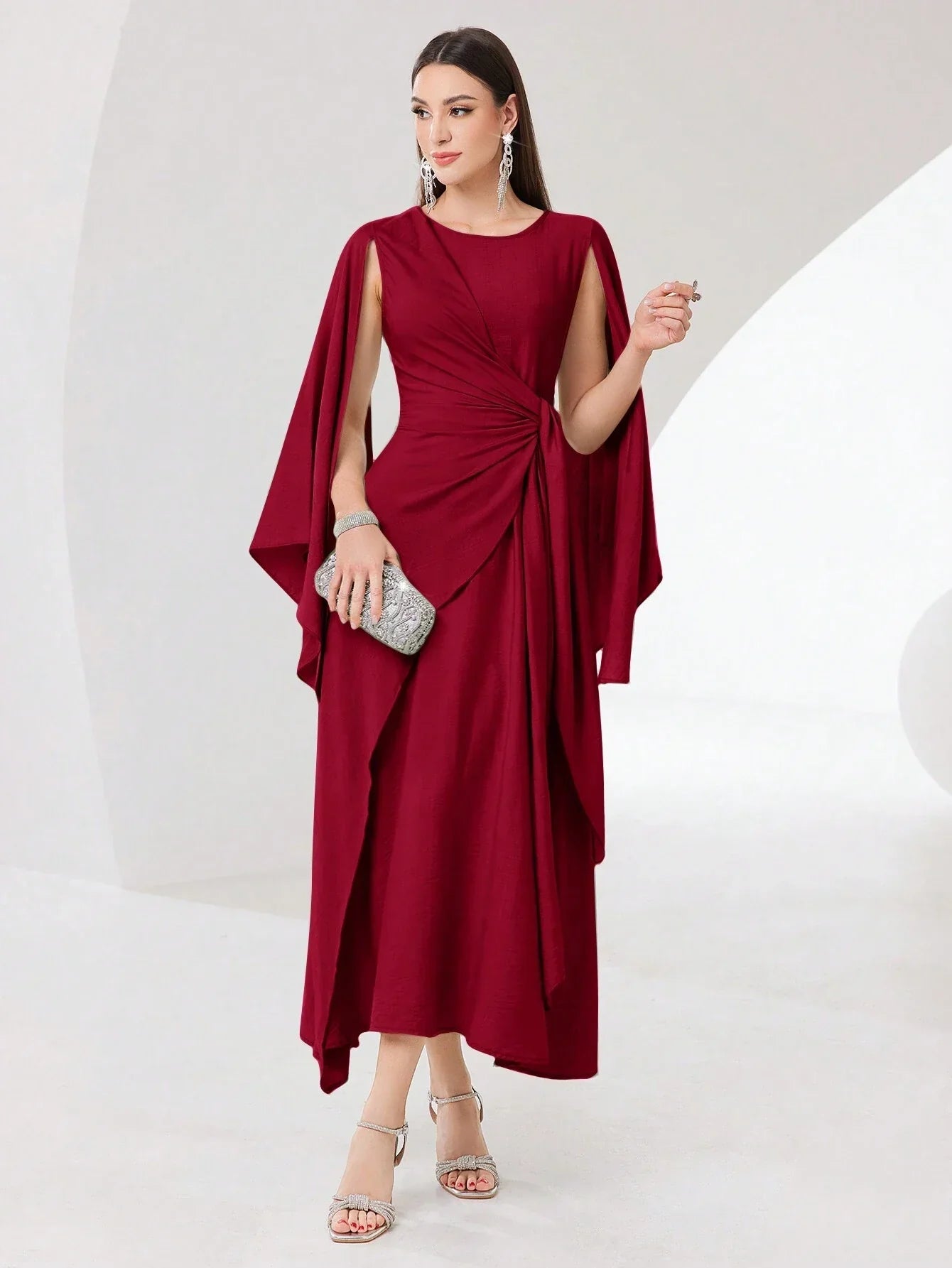 Buy SHEIN Modely Burgundy Red Cloak Sleeve Knot Side Wrap Hem Dress in Pakistan