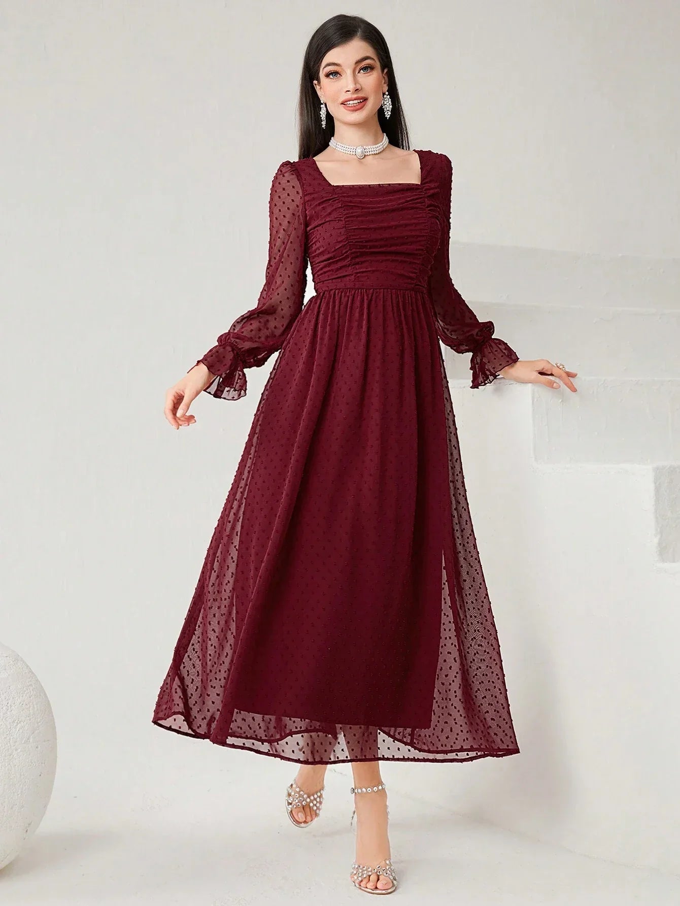 Buy SHEIN Modely Burgundy Red Women's Swiss Polka Dot Square Neckline Flowy Dress, Spring Summer in Pakistan
