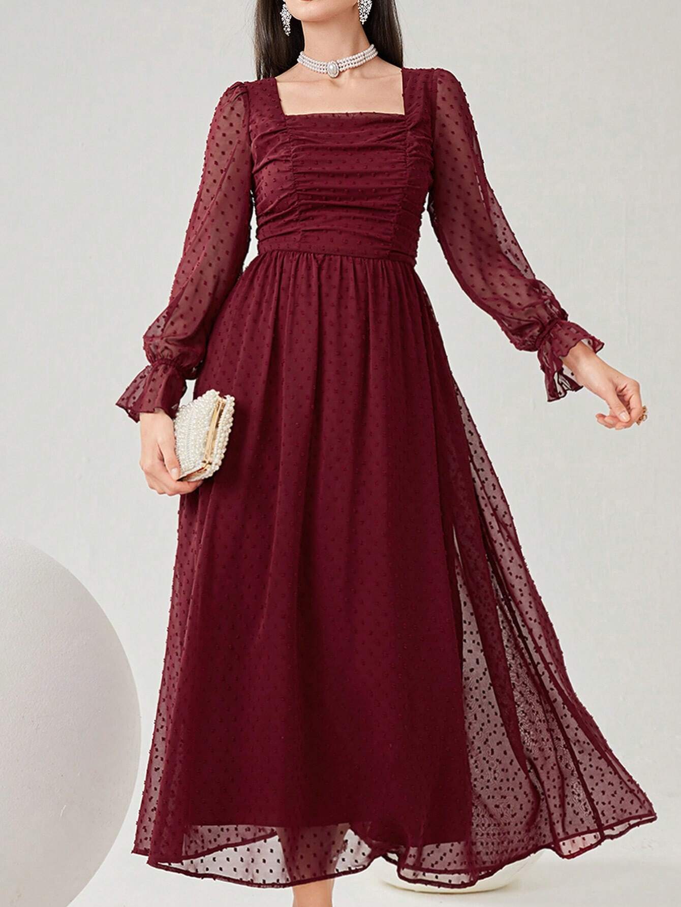 Buy SHEIN Modely Burgundy Red Women's Swiss Polka Dot Square Neckline Flowy Dress, Spring Summer in Pakistan