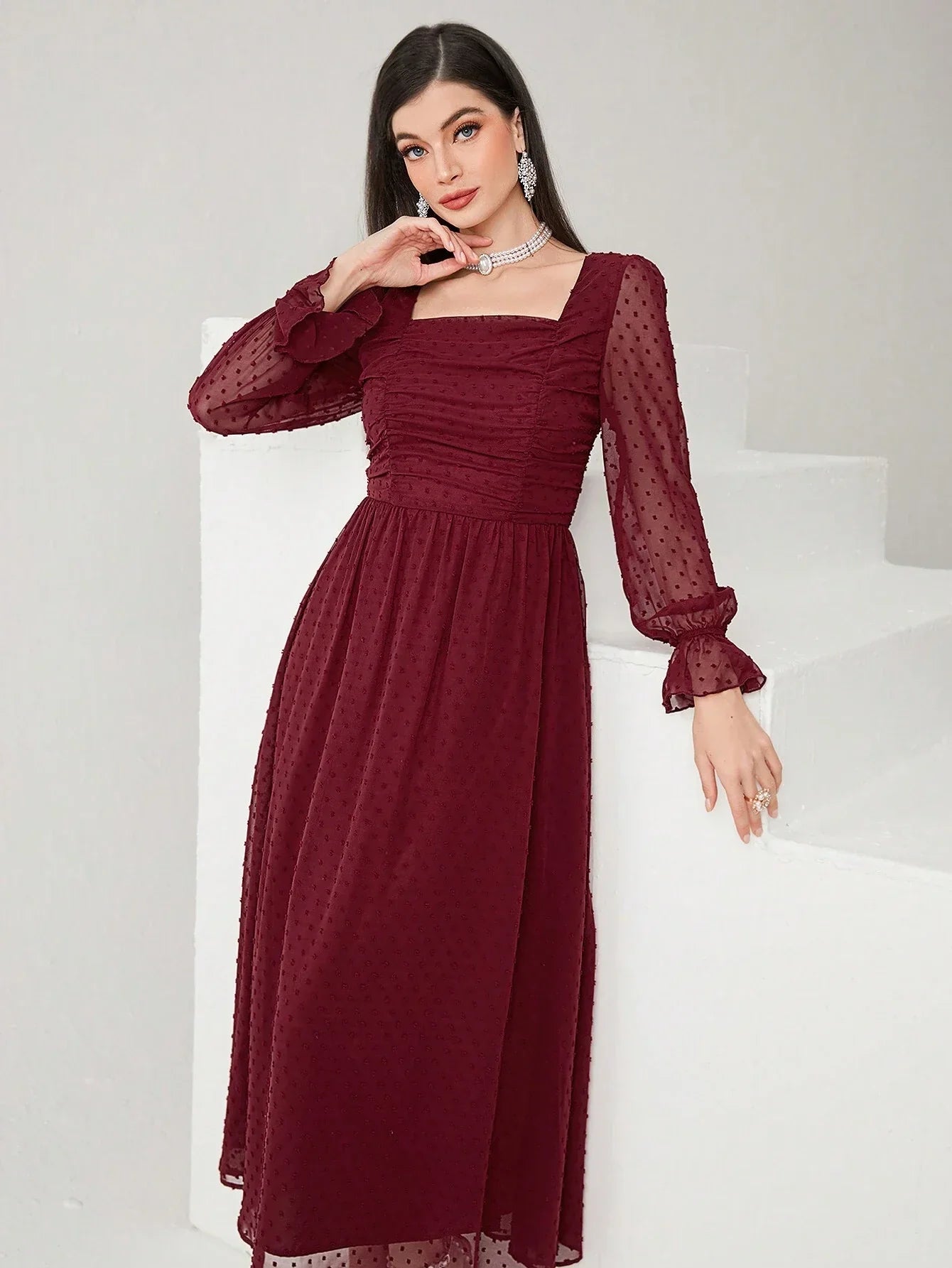 Buy SHEIN Modely Burgundy Red Women's Swiss Polka Dot Square Neckline Flowy Dress, Spring Summer in Pakistan