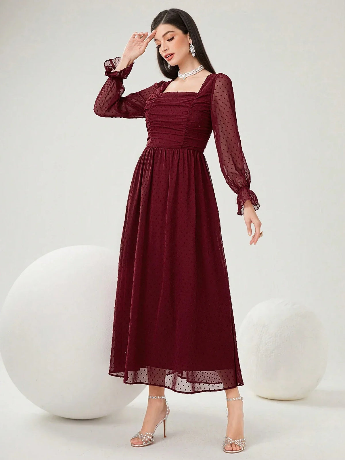 Buy SHEIN Modely Burgundy Red Women's Swiss Polka Dot Square Neckline Flowy Dress, Spring Summer in Pakistan