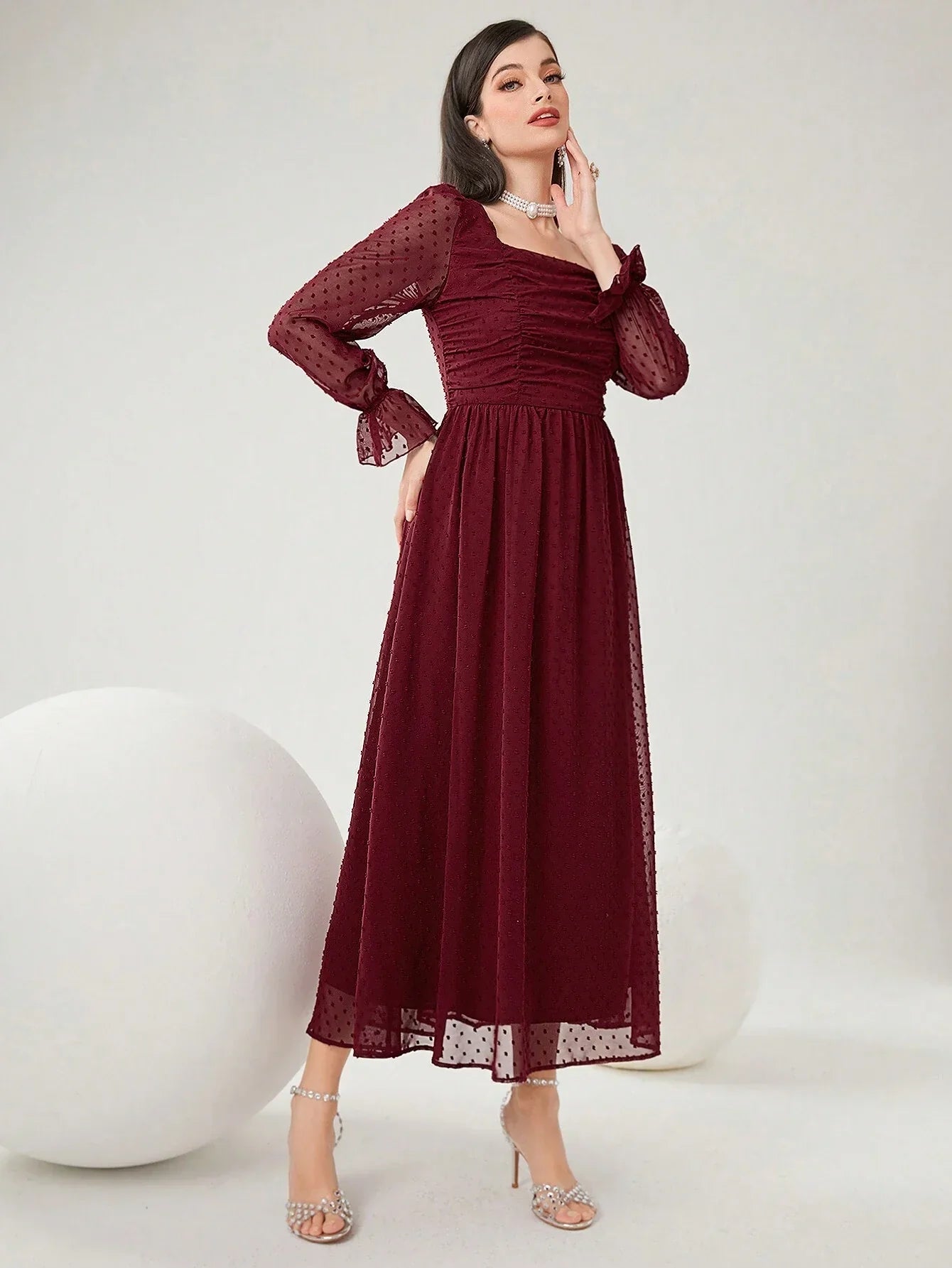 Buy SHEIN Modely Burgundy Red Women's Swiss Polka Dot Square Neckline Flowy Dress, Spring Summer in Pakistan