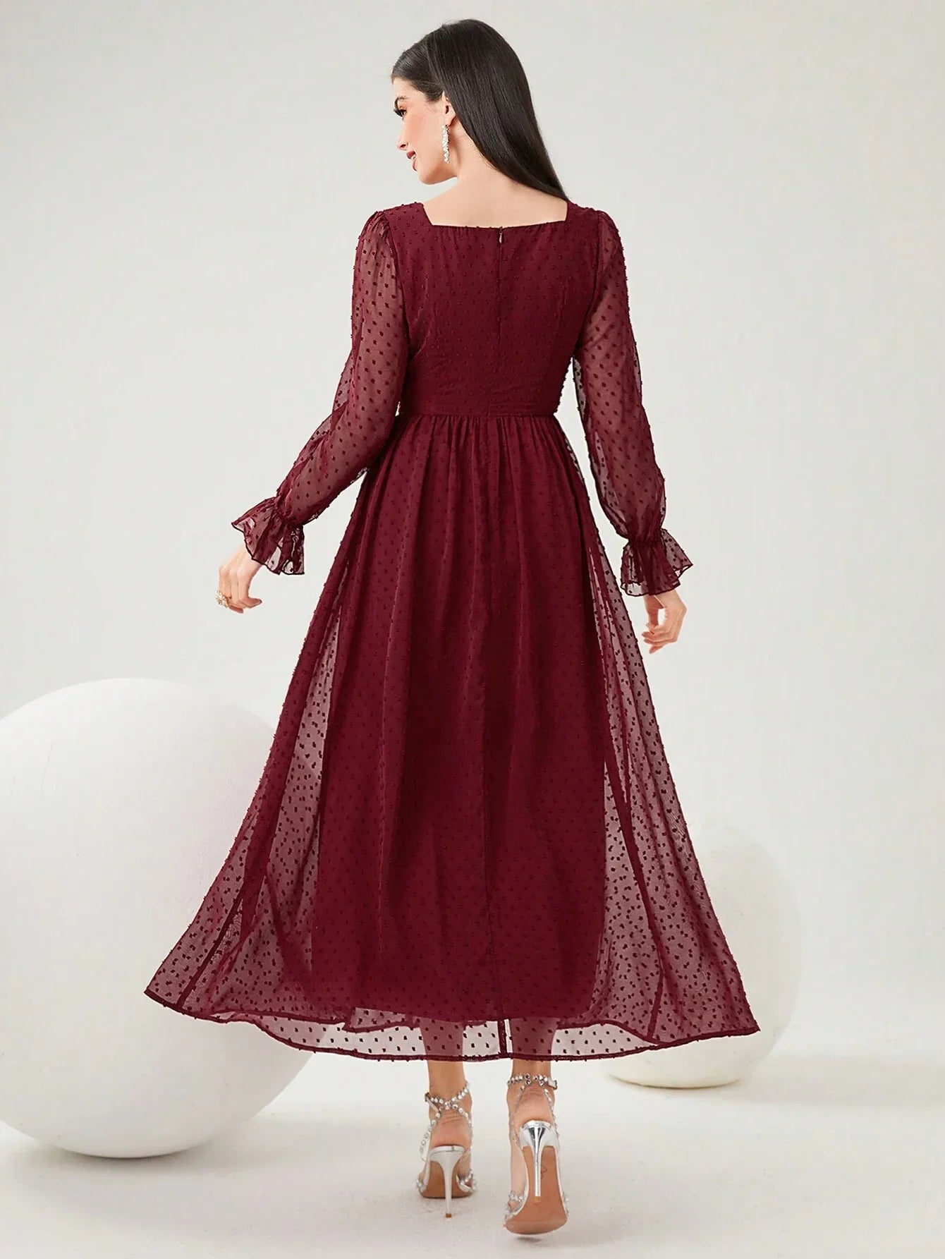 Buy SHEIN Modely Burgundy Red Women's Swiss Polka Dot Square Neckline Flowy Dress, Spring Summer in Pakistan