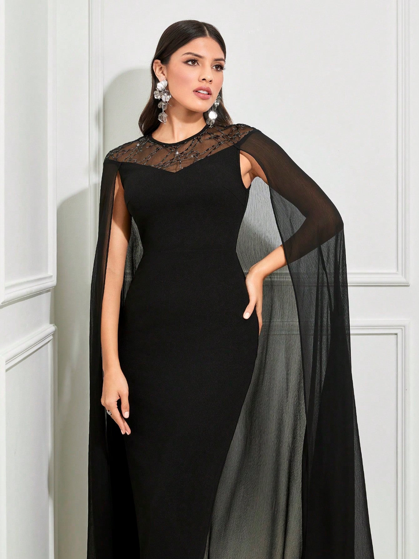 Buy SHEIN Modely Contrast Lace Cloak Sleeve Split Back Dress in Pakistan