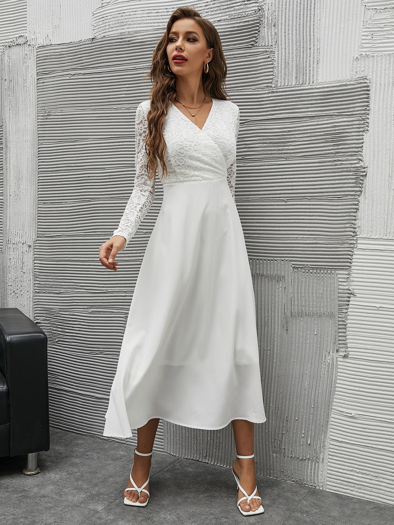 Buy SHEIN Modely Contrast Lace Surplice Neck A-line Dress in Pakistan
