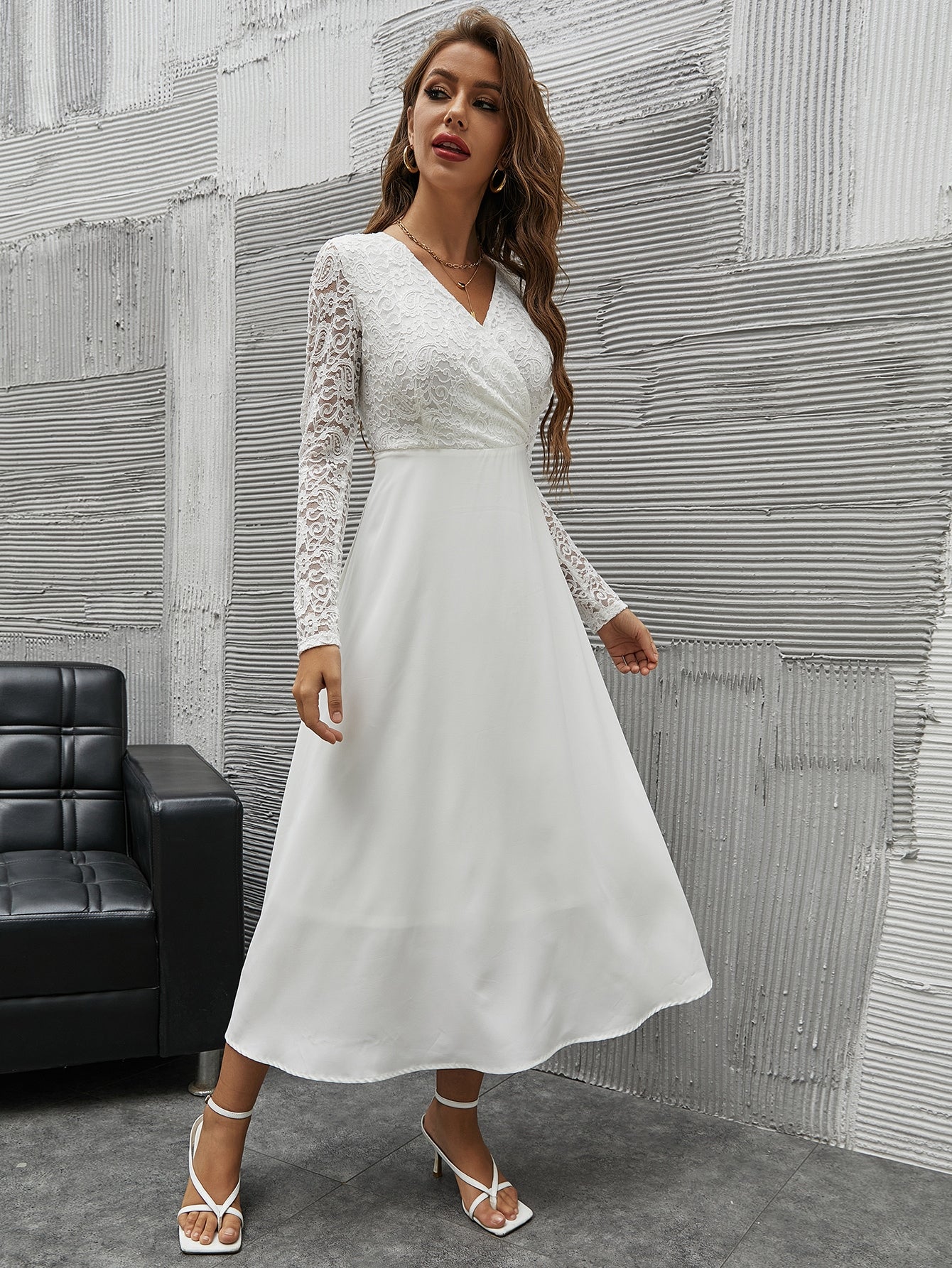 Buy SHEIN Modely Contrast Lace Surplice Neck A-line Dress in Pakistan