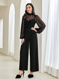 Buy SHEIN Modely Contrast Mesh Mock Neck Lantern Sleeve Wide Leg Jumpsuit in Pakistan