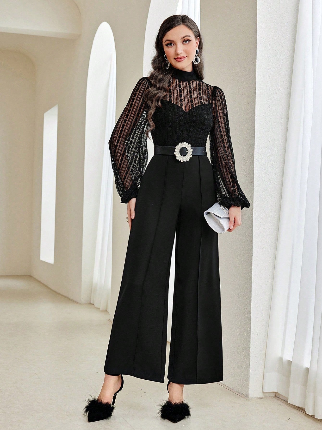 Buy SHEIN Modely Contrast Mesh Mock Neck Lantern Sleeve Wide Leg Jumpsuit in Pakistan