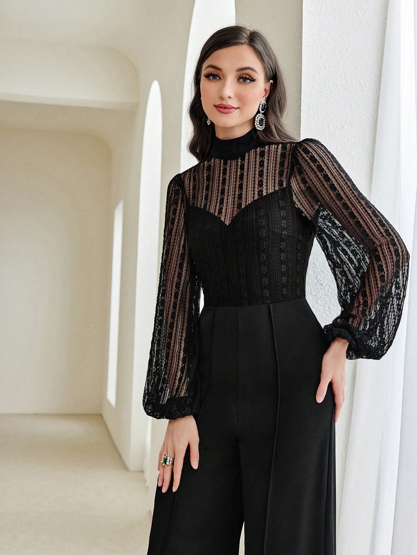 Buy SHEIN Modely Contrast Mesh Mock Neck Lantern Sleeve Wide Leg Jumpsuit in Pakistan