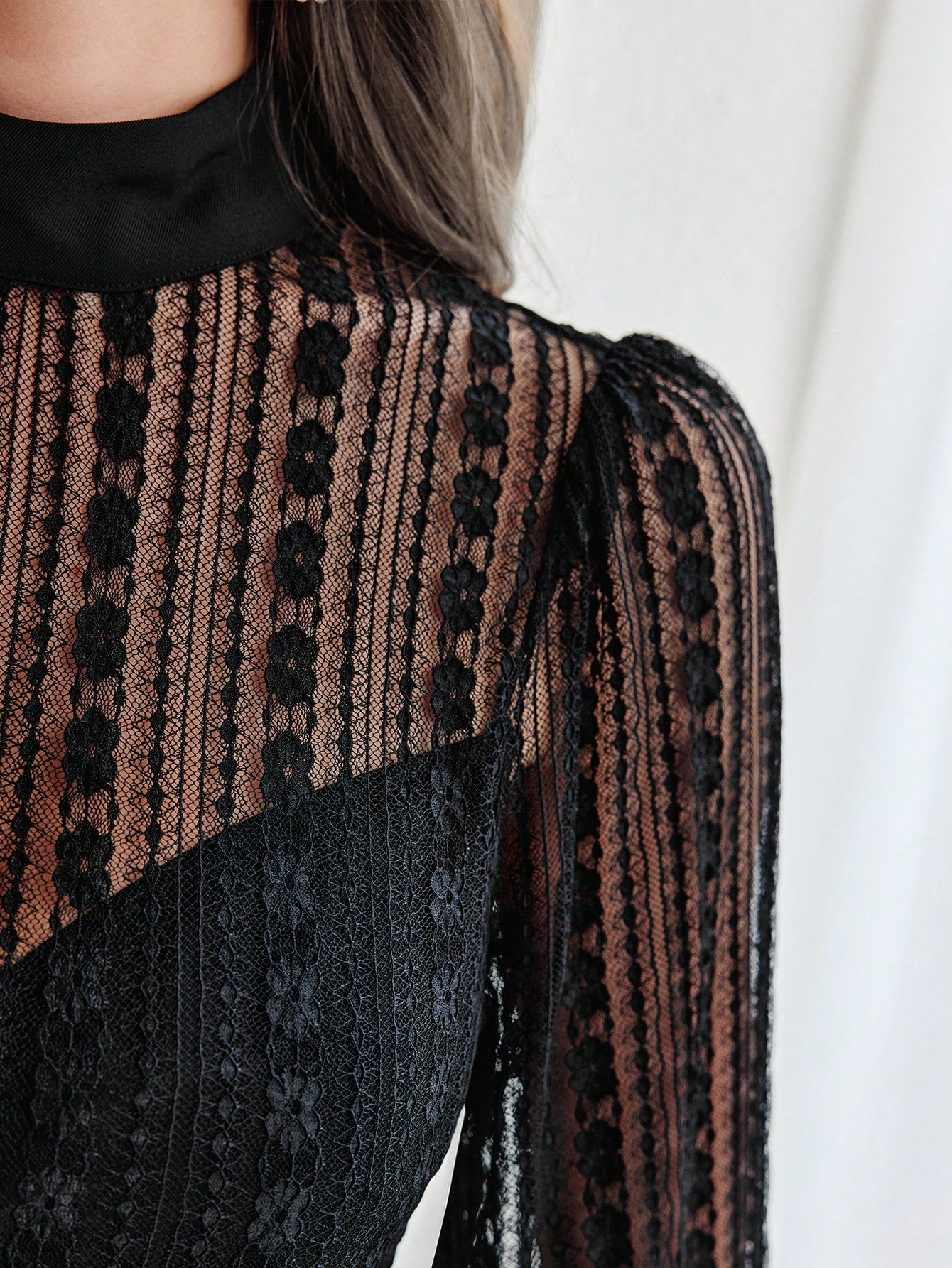 Buy SHEIN Modely Contrast Mesh Mock Neck Lantern Sleeve Wide Leg Jumpsuit in Pakistan