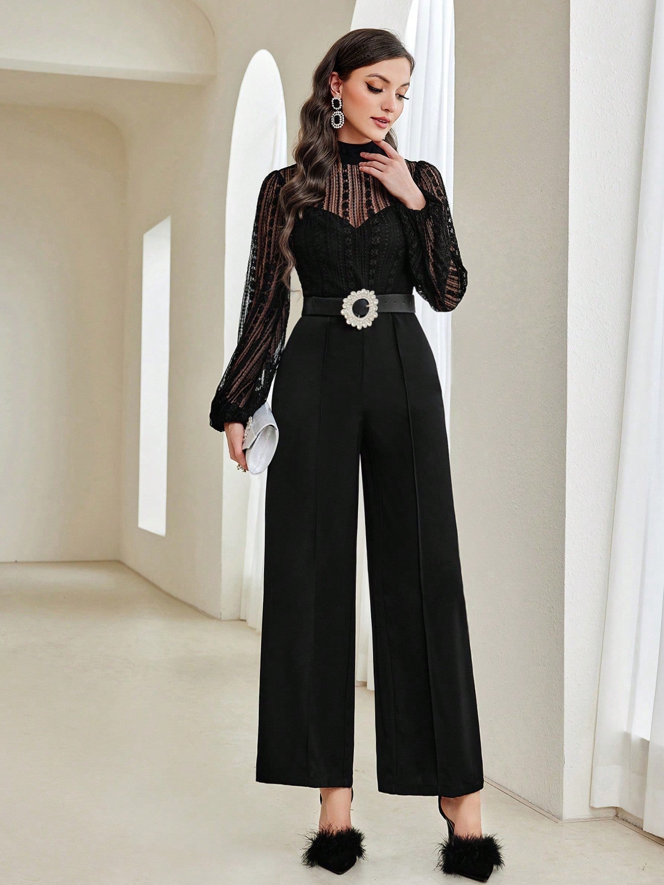 Buy SHEIN Modely Contrast Mesh Mock Neck Lantern Sleeve Wide Leg Jumpsuit in Pakistan