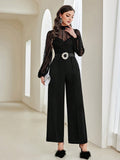 Buy SHEIN Modely Contrast Mesh Mock Neck Lantern Sleeve Wide Leg Jumpsuit in Pakistan