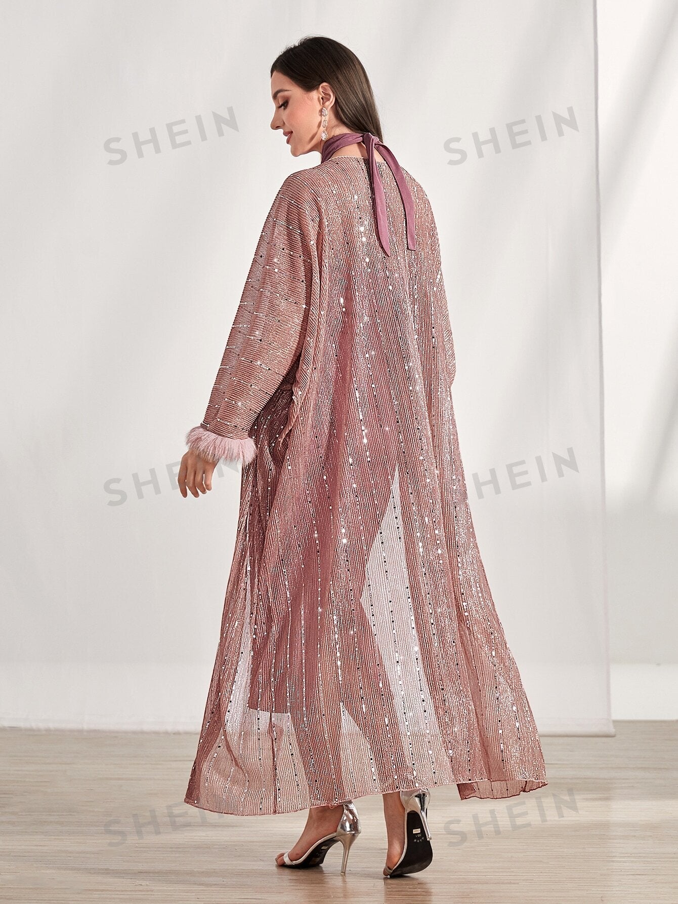 Buy SHEIN Modely Contrast Sequin Fuzzy Cuff Coat & Bodycon Dress in Pakistan