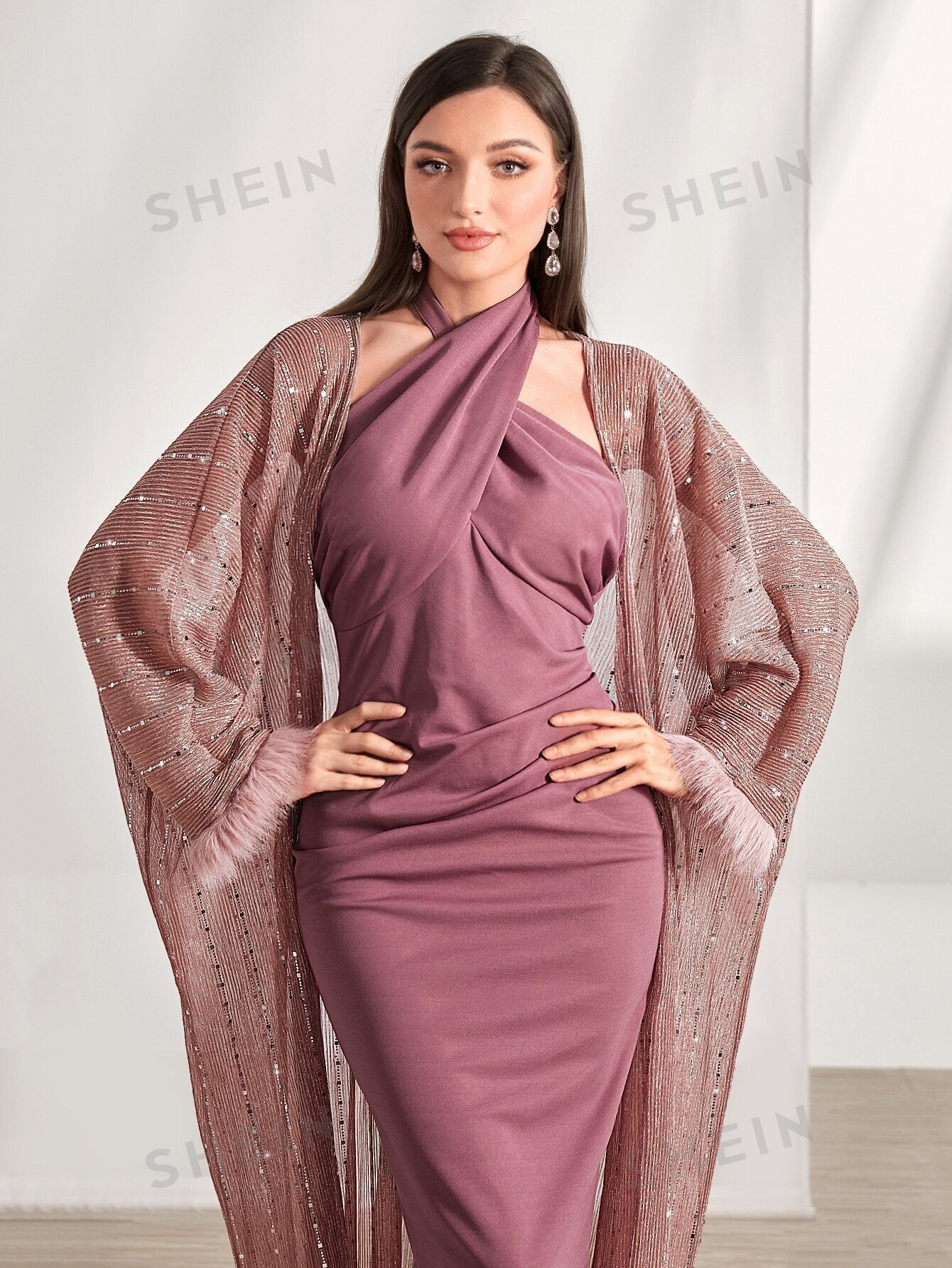 Buy SHEIN Modely Contrast Sequin Fuzzy Cuff Coat & Bodycon Dress in Pakistan