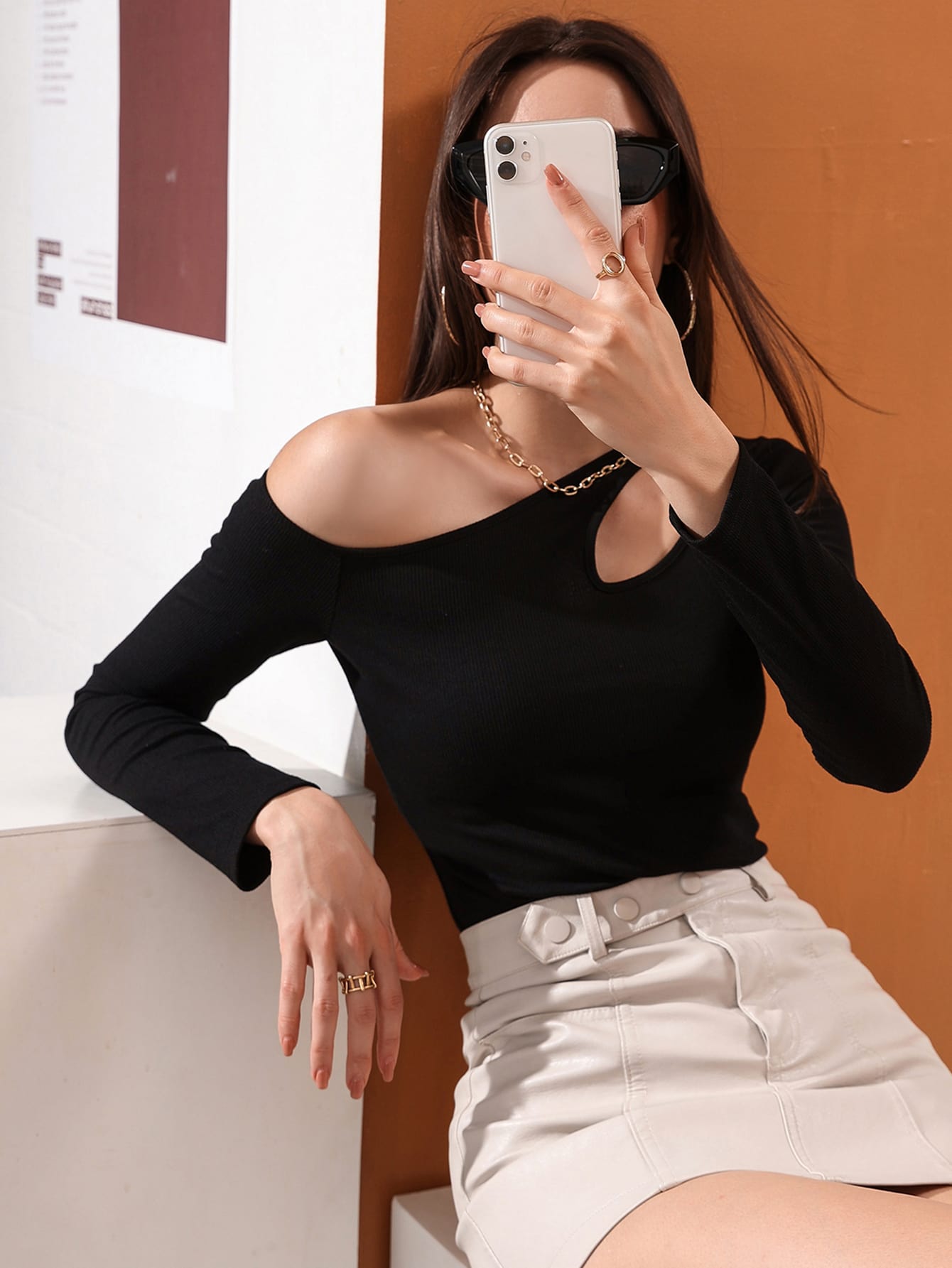 Buy SHEIN Modely Cut Out Asymmetrical Neck Tee in Pakistan