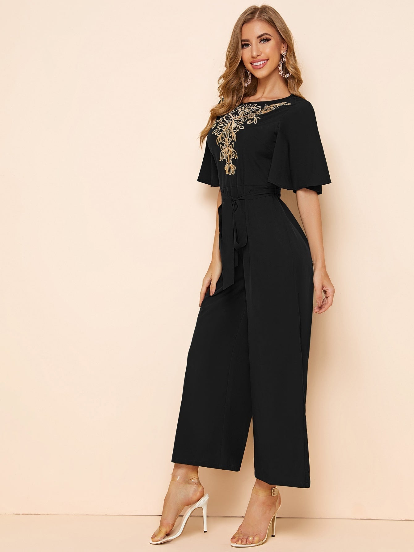Buy SHEIN Modely Embroidery Detail Belted Palazzo Jumpsuit in Pakistan