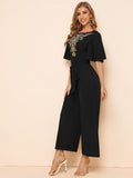 Buy SHEIN Modely Embroidery Detail Belted Palazzo Jumpsuit in Pakistan