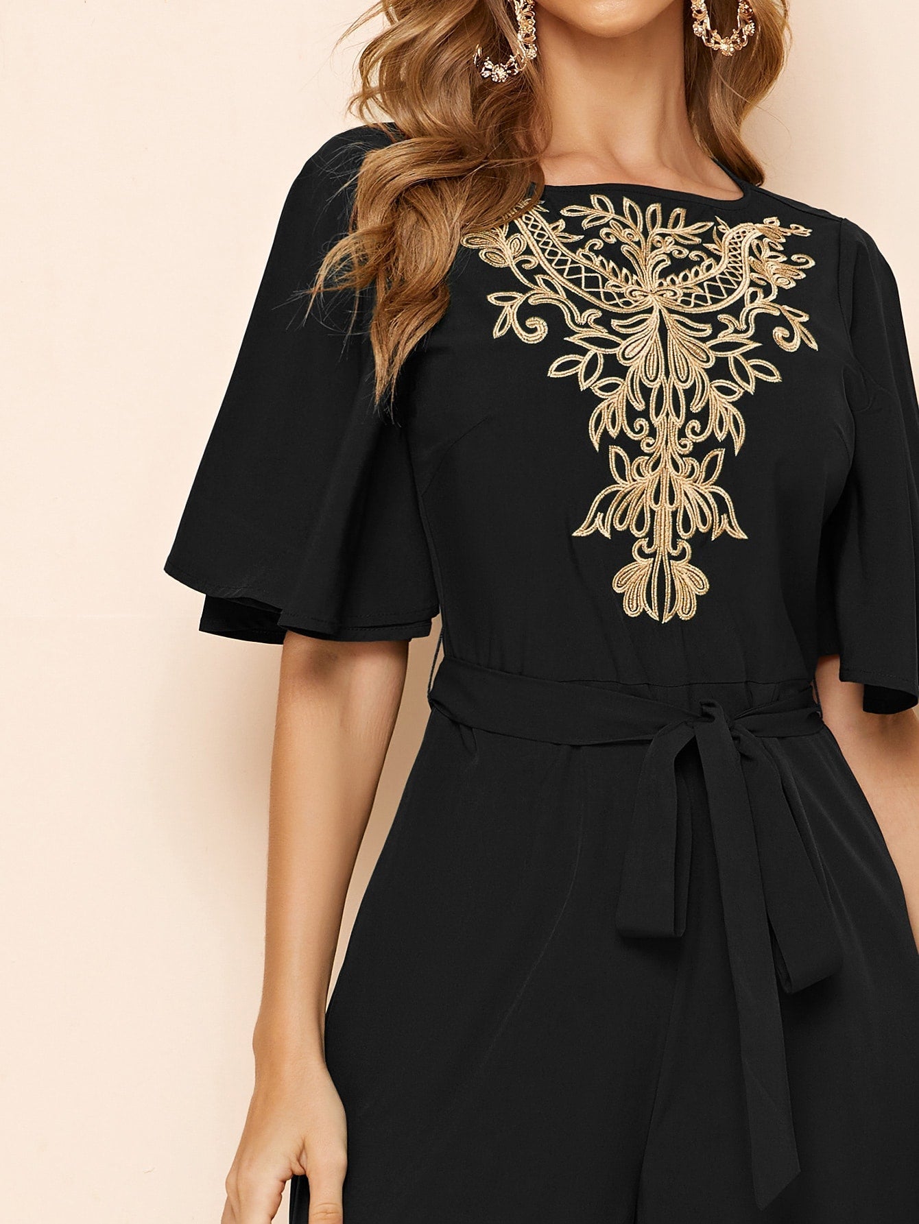 Buy SHEIN Modely Embroidery Detail Belted Palazzo Jumpsuit in Pakistan
