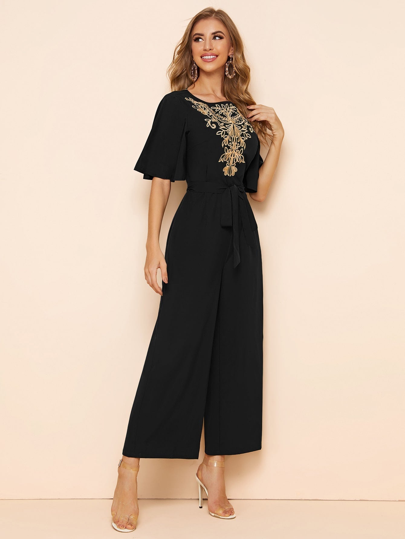 Buy SHEIN Modely Embroidery Detail Belted Palazzo Jumpsuit in Pakistan