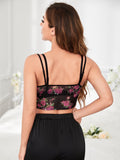 Buy SHEIN Modely Floral Print Contrast Lace Bow Front Crop Mesh Cami Sleep Top in Pakistan